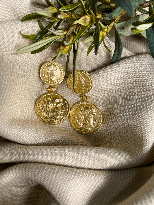 Caronte – Pendientes Doble Moneda Romana Dorada